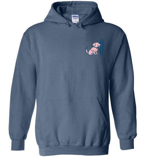 Indigo blue Vintage Tail & Tide Logo Hoodie with pink dog and navy surfboard logo on front chest, Labrador-inspired coastal hoodie.