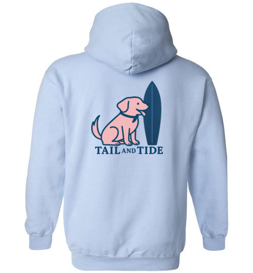 Light blue Vintage Tail & Tide Logo Hoodie with vintage dog and surfboard graphic on back, beach dog mom sweatshirt.