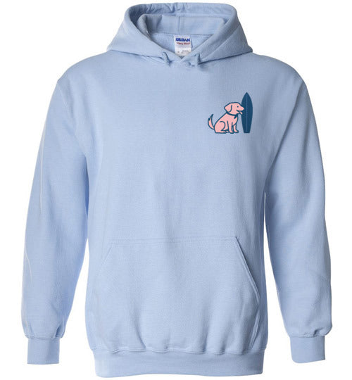 Light blue Vintage Tail & Tide Logo Hoodie with pink dog and navy surfboard logo on front chest, coastal lifestyle hoodie for dog moms.