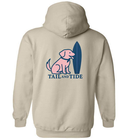 Sand color Vintage Tail & Tide Logo Hoodie with full vintage surfboard and dog graphic on back, Labrador-inspired coastal hoodie.