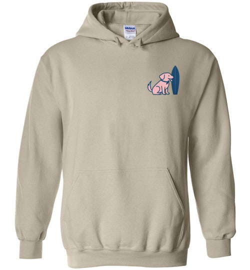 Sand color Vintage Tail & Tide Logo Hoodie with pink dog and navy surfboard logo on front chest, coastal dog mom sweatshirt.
