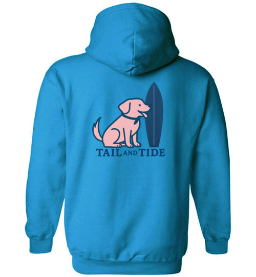 Sapphire blue Vintage Tail & Tide Logo Hoodie with vintage dog and surfboard graphic on back, beach dog mom sweatshirt.