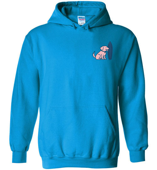 Sapphire blue Vintage Tail & Tide Logo Hoodie with pink dog and navy surfboard logo on front chest, coastal dog mom gear.