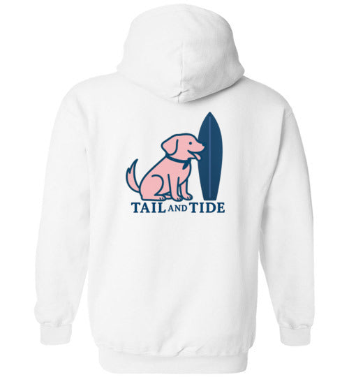 White Vintage Tail & Tide Logo Hoodie with vintage dog and surfboard graphic on back, coastal dog mom sweatshirt.