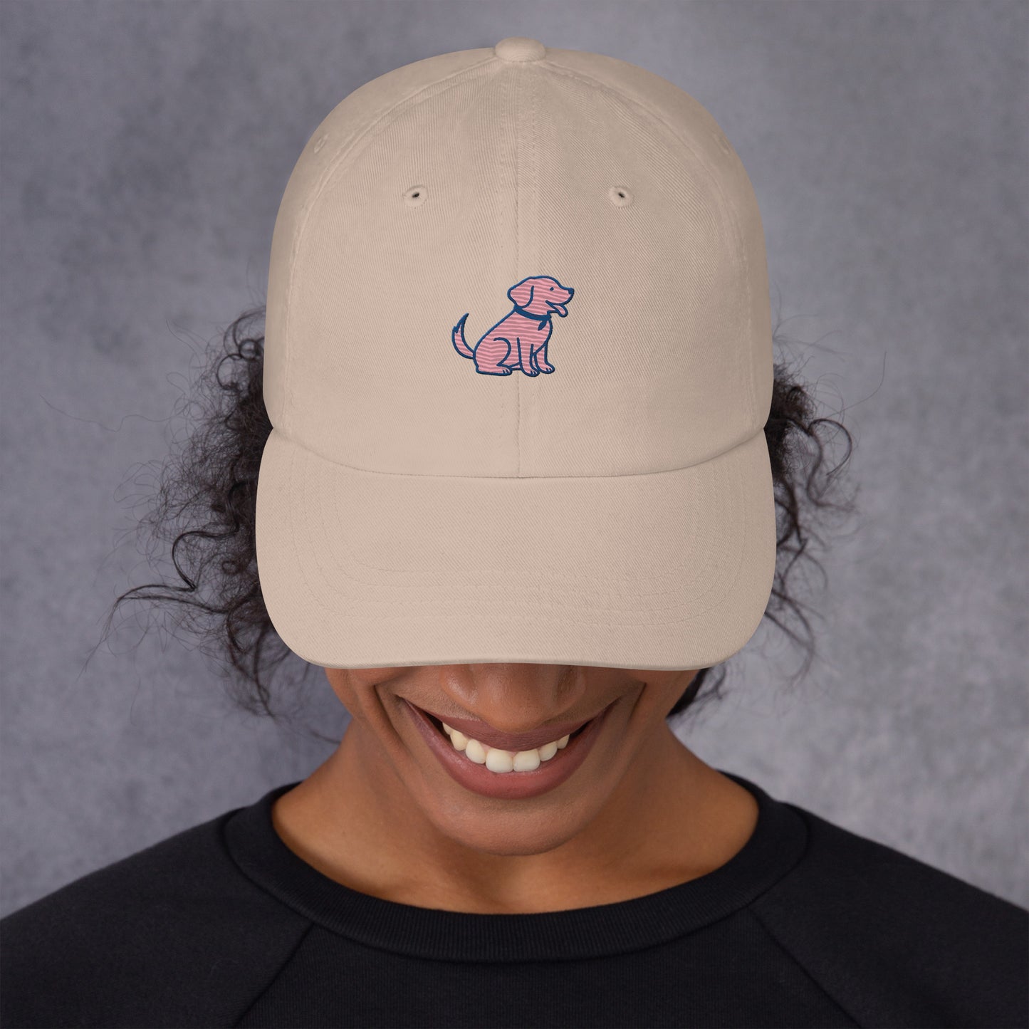 Coastal lifestyle mockup of embroidered dog mom hat with Labrador logo – Tail & Tide Co stone