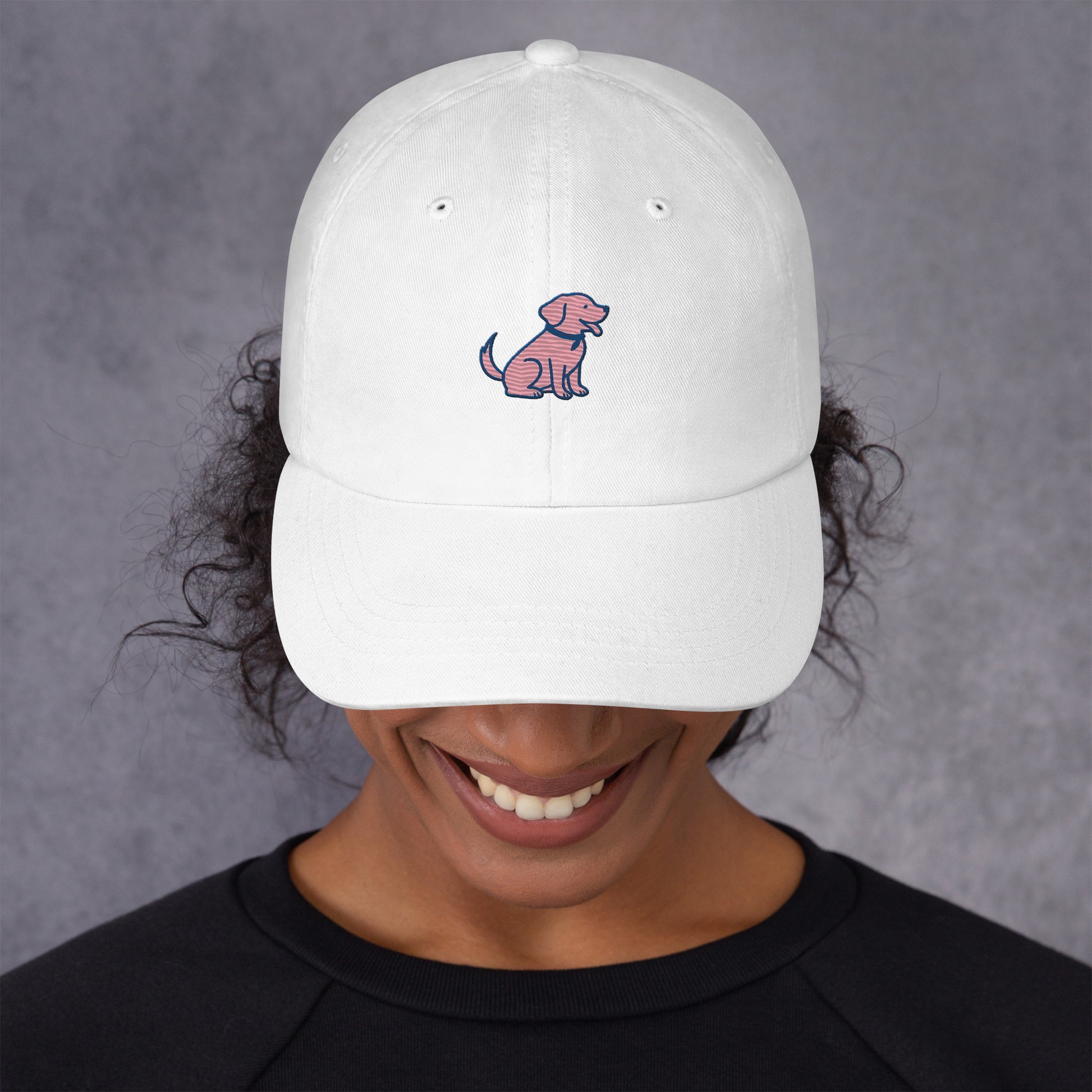 Coastal lifestyle mockup of white embroidered dog mom hat with Labrador logo – Tail & Tide Co. 