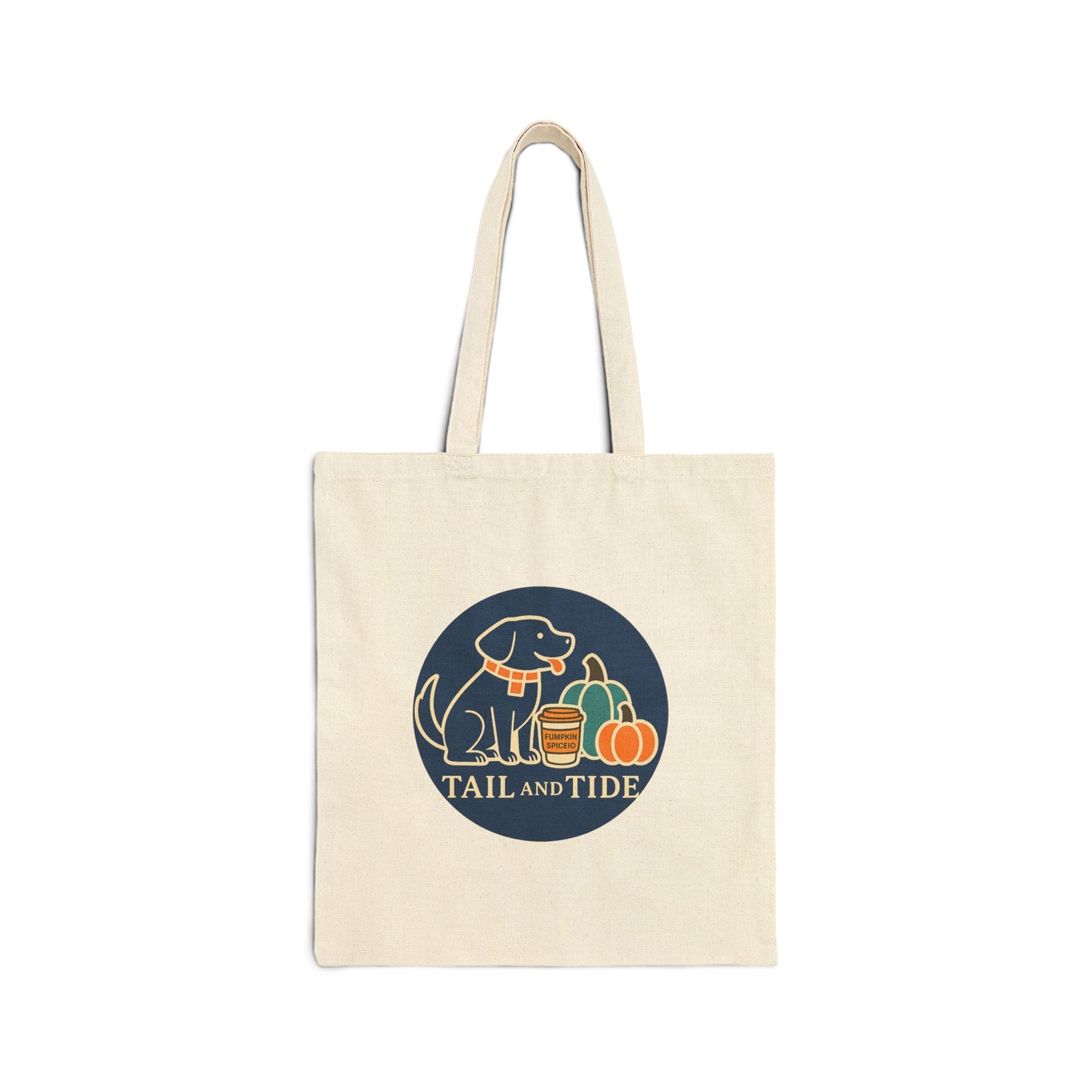 Front view of Pumpkin Spice Tote Bag, 15x16 cotton tote with Labrador and pumpkins graphic – Tail & Tide Co.