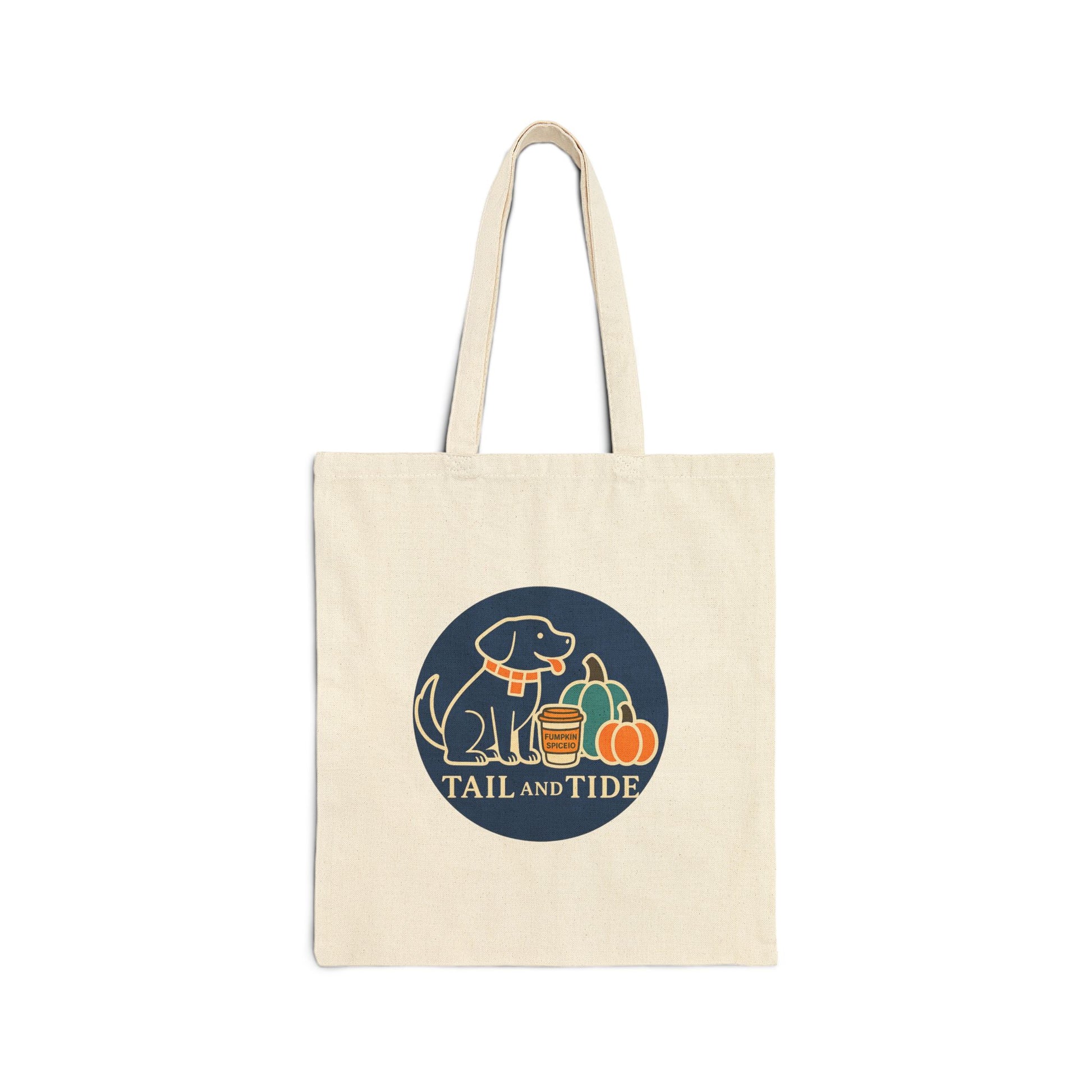 Front view of Pumpkin Spice Tote Bag, 15x16 cotton tote with Labrador and pumpkins graphic – Tail & Tide Co.