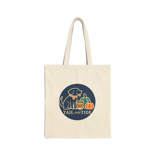 Front view of Pumpkin Spice Tote Bag, 15x16 cotton tote with Labrador and pumpkins graphic – Tail & Tide Co.