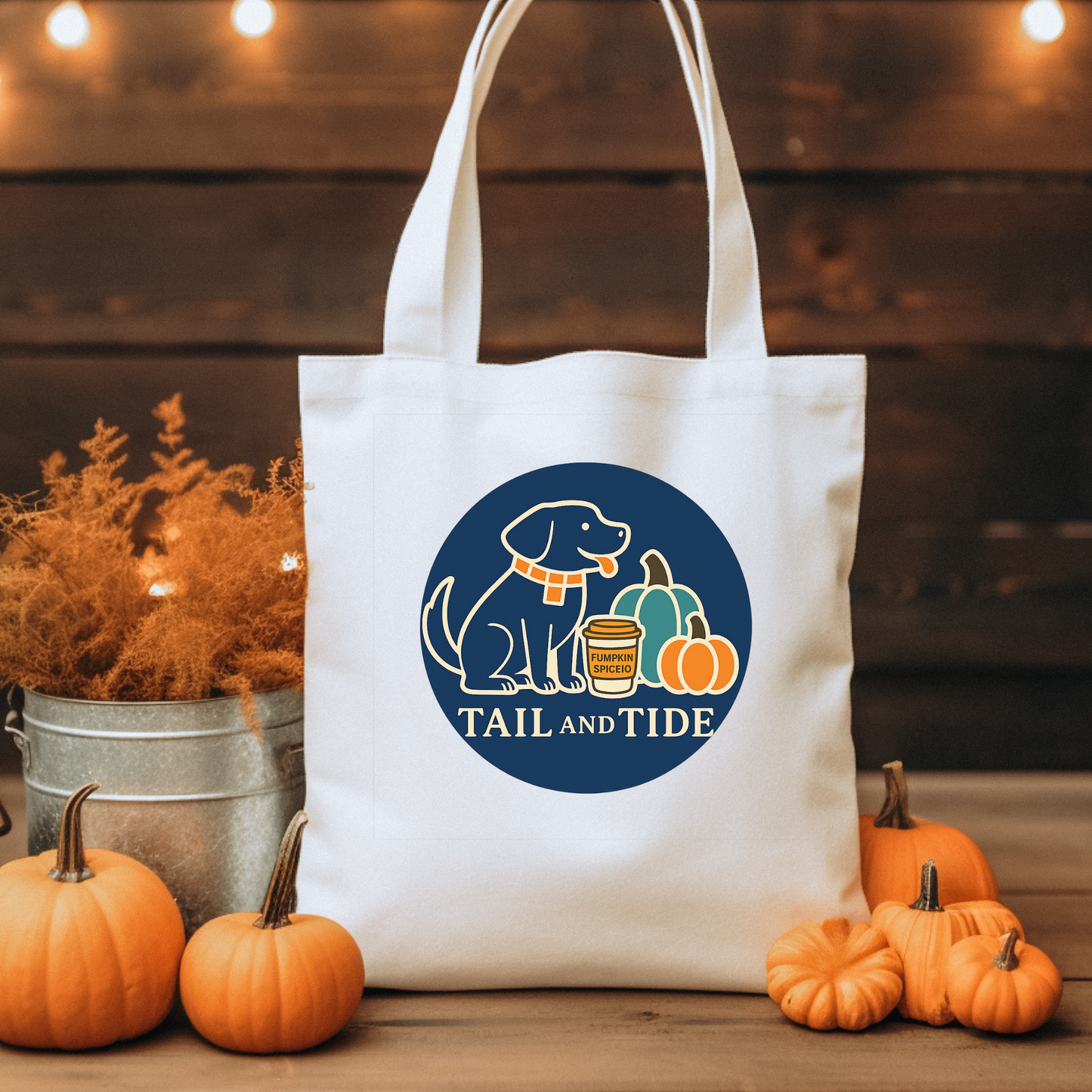 Lifestyle photo of Pumpkin Spice Dog Mom Tote Bag with Labrador-inspired pumpkin design – Tail & Tide Co., fall tote for dog moms