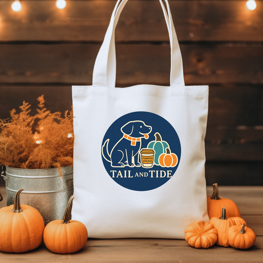 Lifestyle photo of Pumpkin Spice Dog Mom Tote Bag with Labrador-inspired pumpkin design – Tail & Tide Co., fall tote for dog moms