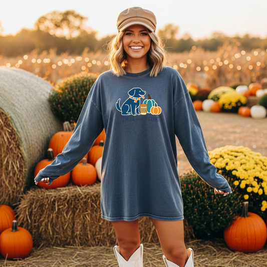 Lifestyle mockup of Three Pumpkin Long Sleeve Tee in Blue Jean Comfort Colors with Labrador-inspired three pumpkin design – Tail & Tide Co., fall dog mom shirt.
